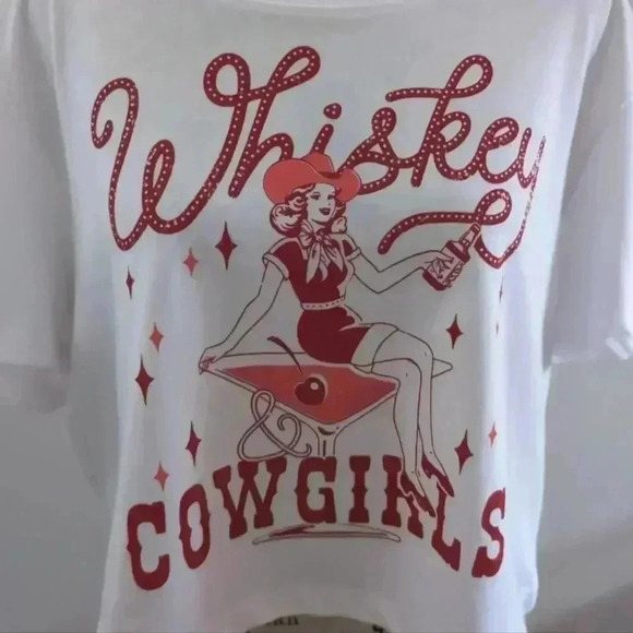 🌴2/$25🌴PROTREND | Women's White/Red Oversized Cropped Whiskey Cowgirls Top - Picture 2 of 4
